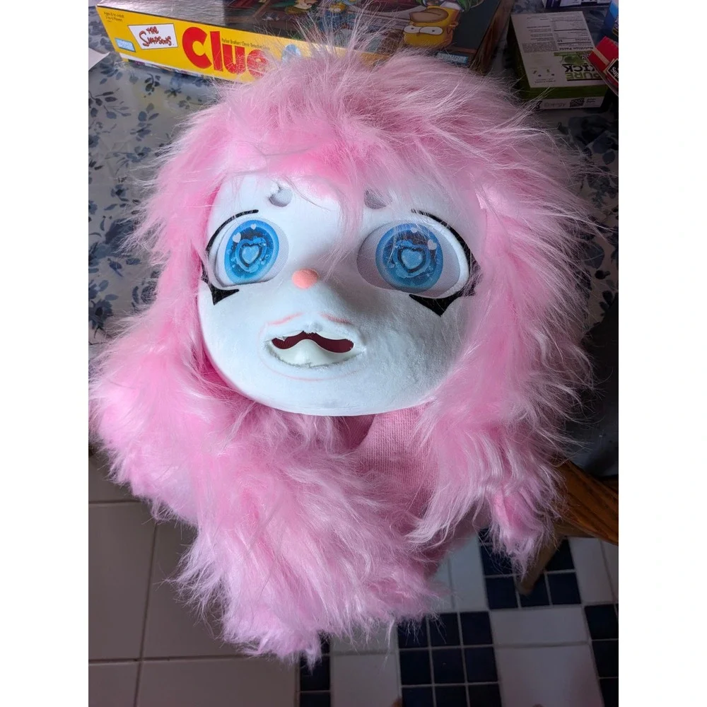 Pink Faux Fur Anime Animal Mask Hood Blue Eyes Kids Costume Cosplay Halloween